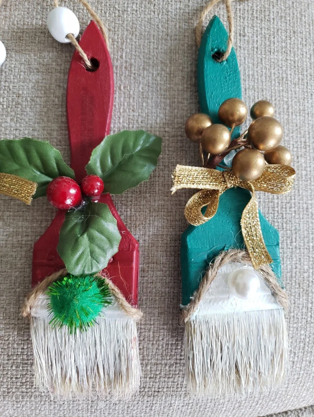 Santa's Little Helpers Painted Paintbrush Ornaments - Blue, Green, Red